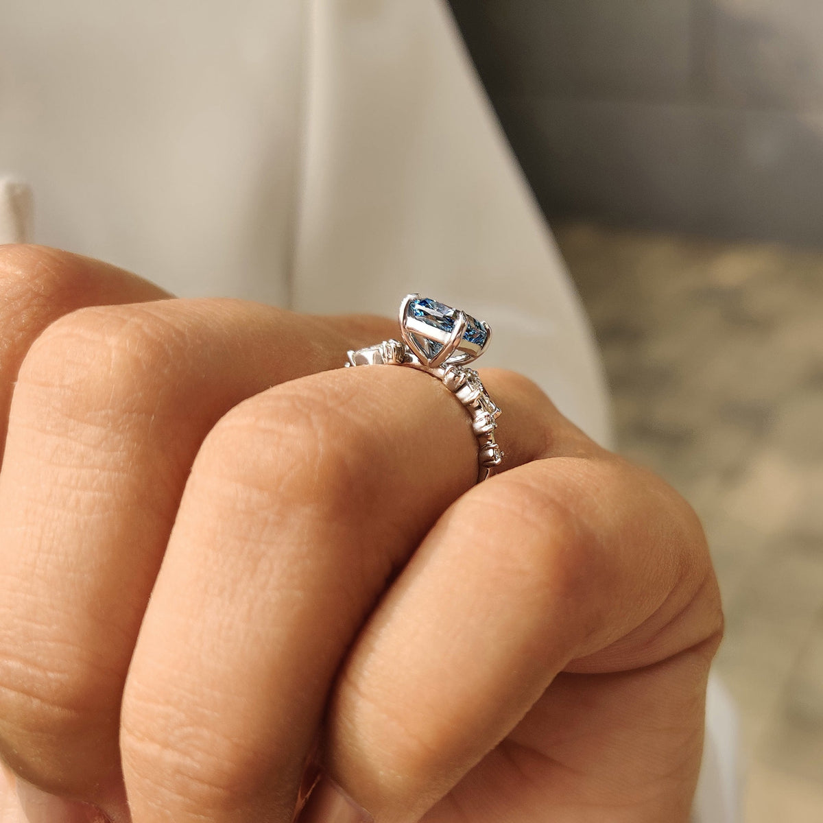 Vivienne Rose - Blue Cushion Cut Diamond Ring in Cluster Setting