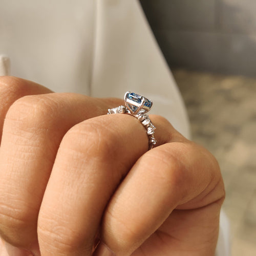 Vivienne Rose - Blue Cushion Cut Diamond Ring in Cluster Setting