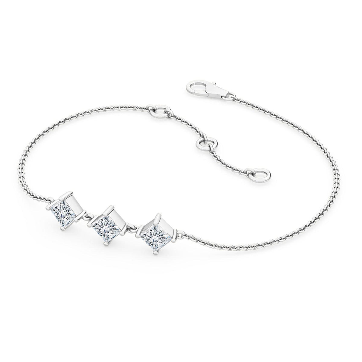 Bria princess three-stone chain lab grown diamond bracelet in white gold - view 3
