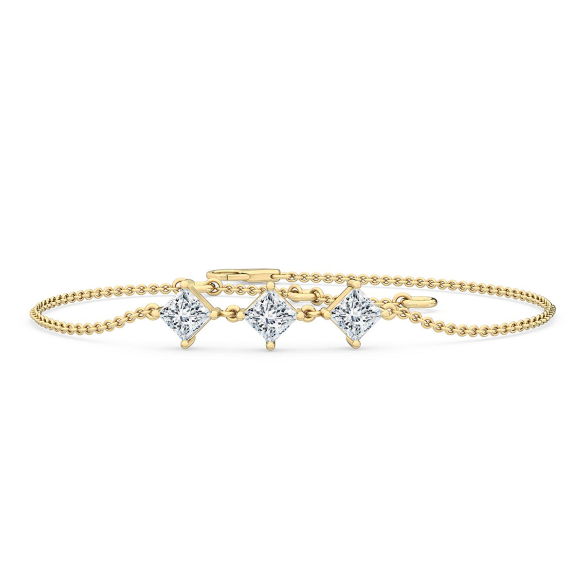 Bria princess three-stone chain lab grown diamond bracelet in yellow gold - view 1