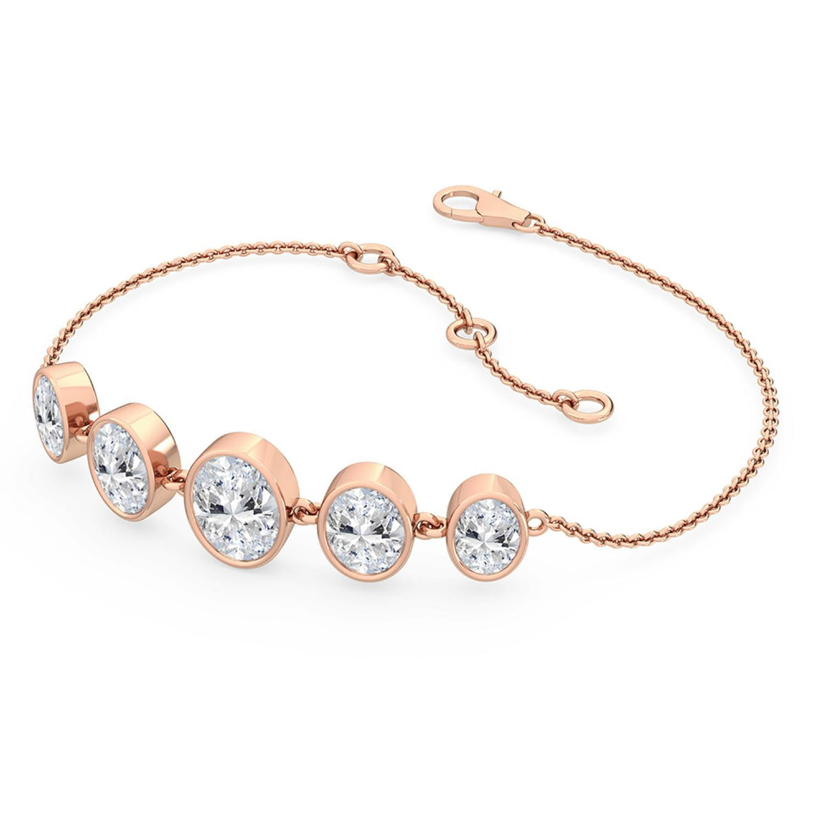 Camille graduated round bezel lab grown diamond bracelet in rose gold - view 2