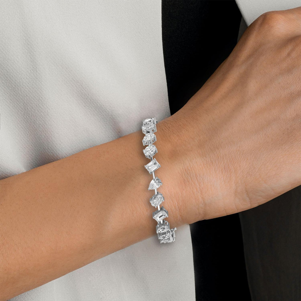 Elora mixed shape open link lab grown diamond bracelet in white gold - view 2