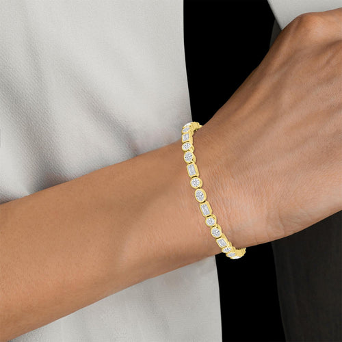 Jade mixed bezel line lab grown diamond bracelet in yellow gold - view 2