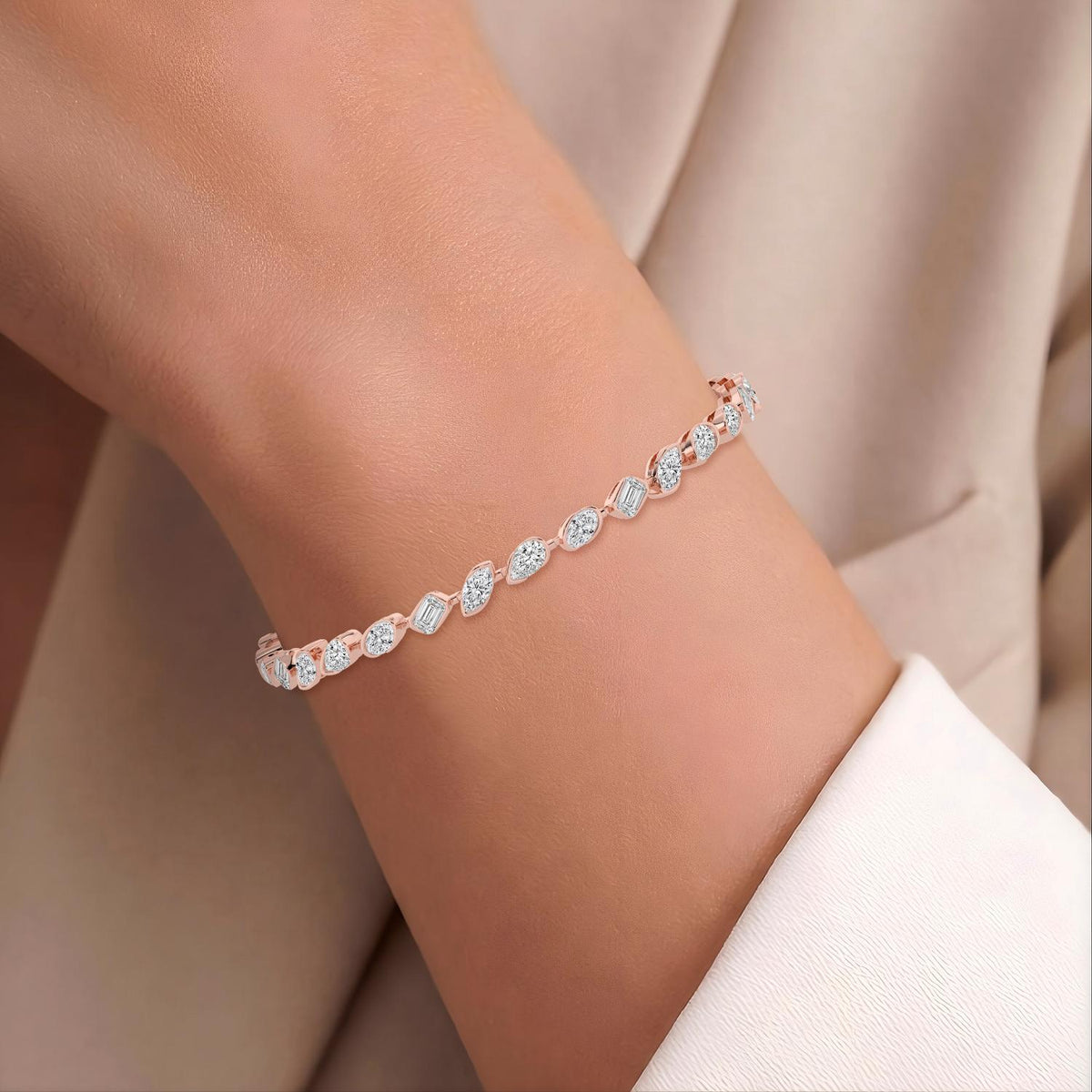 Mabel angled mixed shape line lab grown diamond bracelet in rose gold - view 2