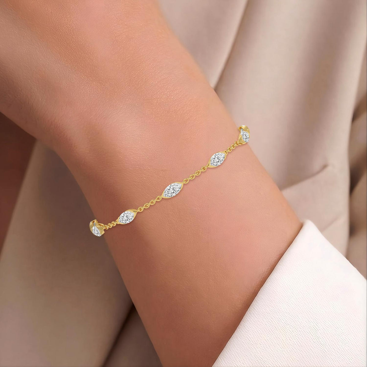 Mirabelle marquise diamond station lab grown diamond bracelet in yellow gold - view 2