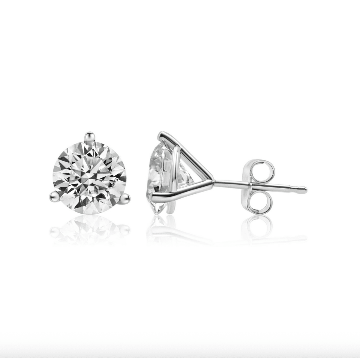 Nura Lab martini 3-prong lab-grown diamond stud earrings in 14K white gold, low-profile setting