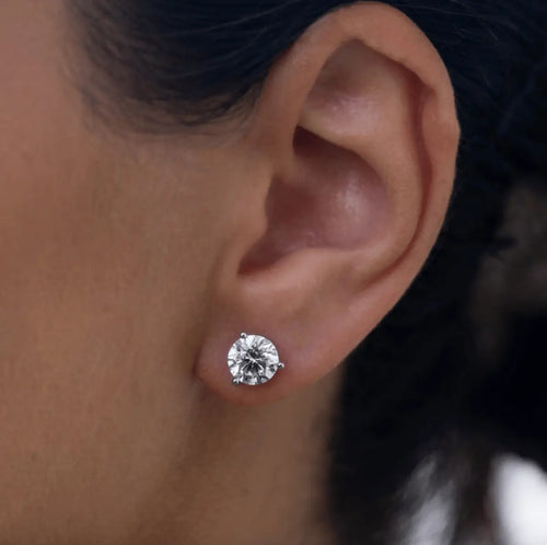 Pair of 14K gold yellow martini three-prong lab diamond studs for women, NZ Australia