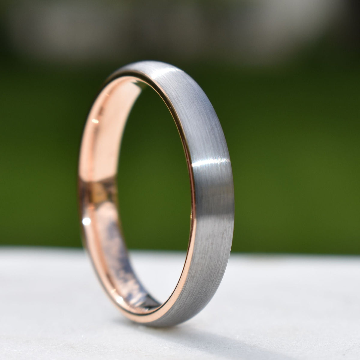 Dominion II - Tungsten Wedding Ring 4mm Brushed Silver with Rose Gold Comfort fit band - Nura Lab