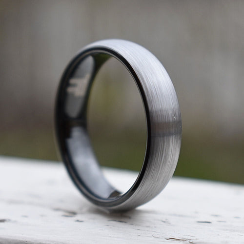Stronghold II - Tungsten 6mm Wedding Ring Brushed Silver with Black Comfort fit band - Nura Lab