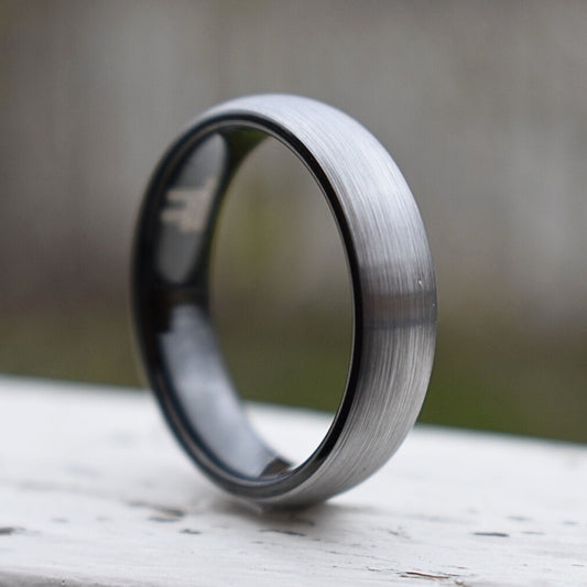 Stronghold II - Tungsten 6mm Wedding Ring Brushed Silver with Black Comfort fit band - Nura Lab