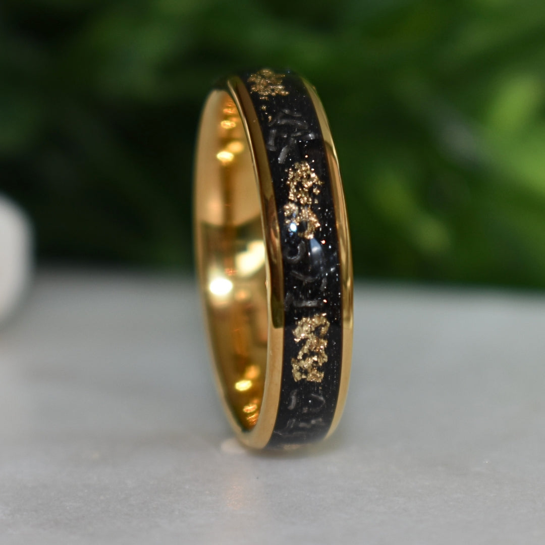 Dominion - Tungsten 6mm Gold Wedding Ring with Meteorite & Gold Leaf Inlay - view 2 - Nura Lab
