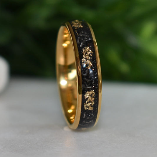 Dominion - Tungsten 6mm Gold Wedding Ring with Meteorite & Gold Leaf Inlay - view 2 - Nura Lab