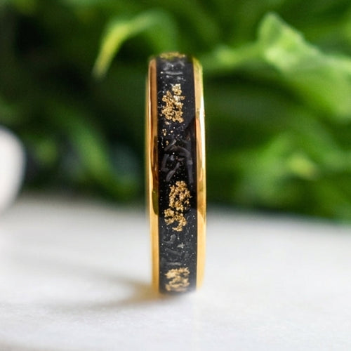 Dominion - Tungsten 6mm Gold Wedding Ring with Meteorite & Gold Leaf Inlay - view 4 - Nura Lab