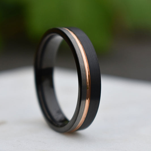 Stonehaven II - Tungsten 6mm Wedding Ring Black and Silver Brushed with Rose Gold Accent - Nura Lab