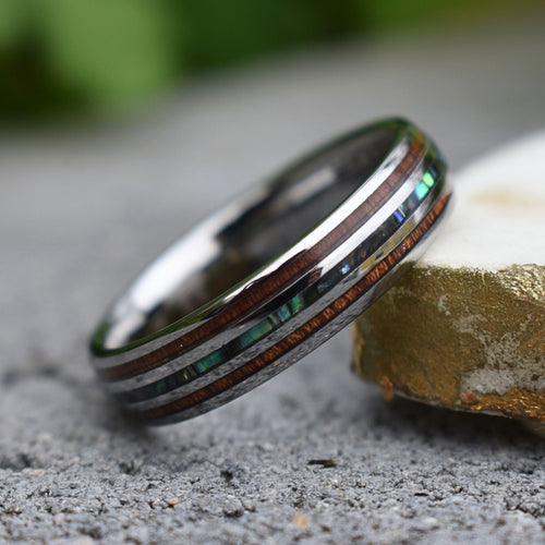 Echelon II - Tungsten 6mm Wedding Ring with Koa Wood and Shell Inlay - view 5 - Nura Lab