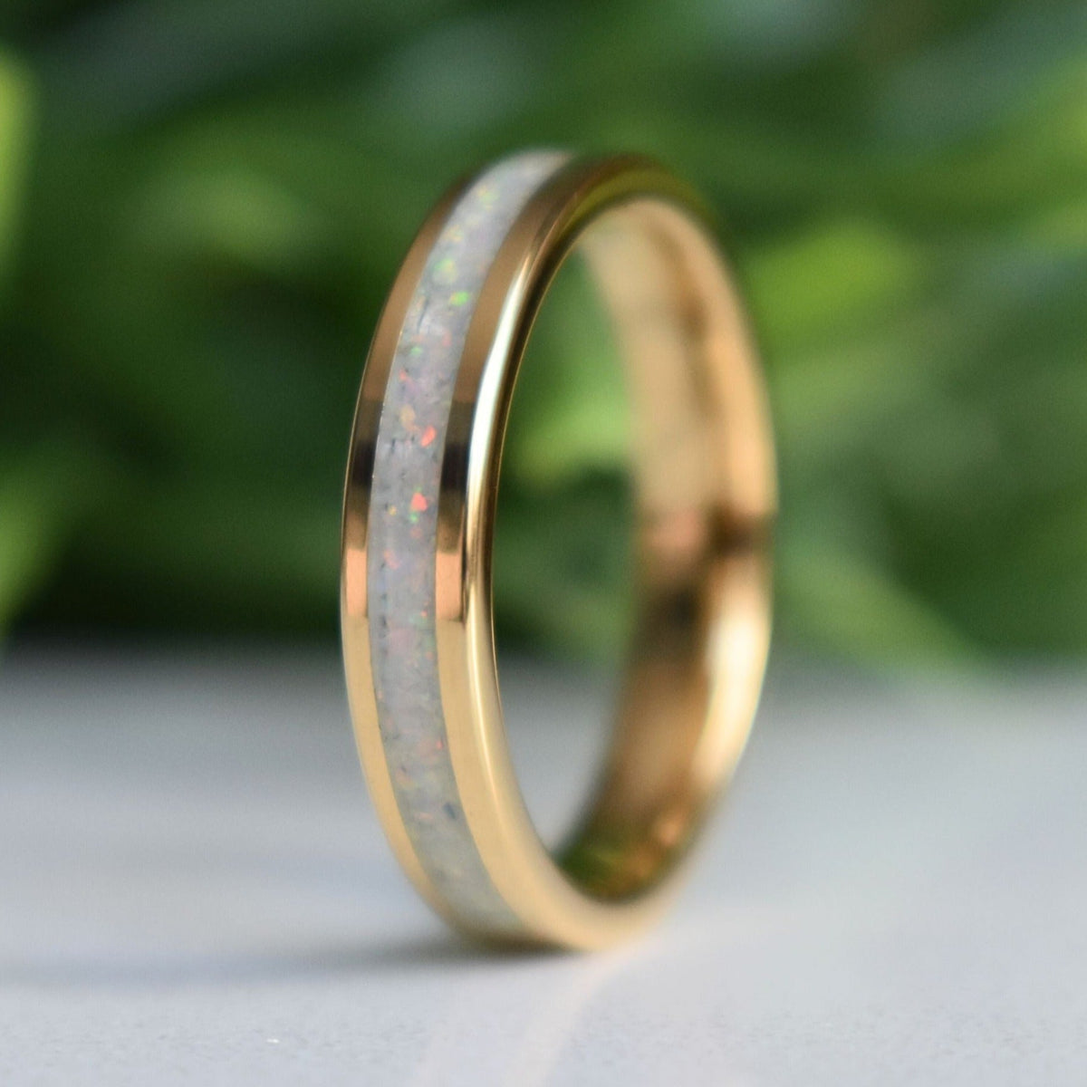 Kingsguard II - Tungsten 4mm Gold Ring Crushed White Opal Wedding Ring - Nura Lab