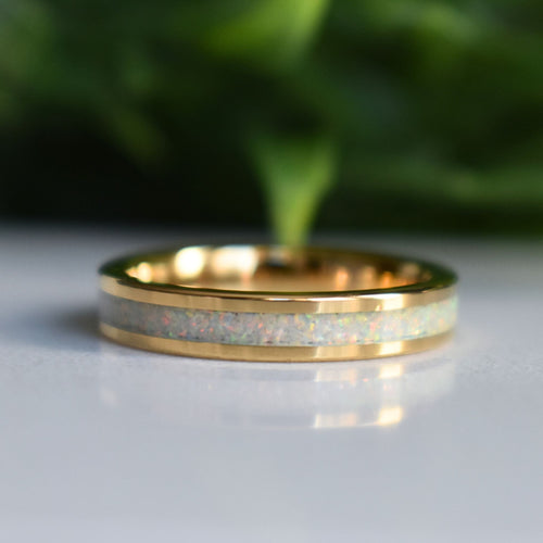 Kingsguard II - Tungsten 4mm Gold Ring Crushed White Opal Wedding Ring - view 2 - Nura Lab