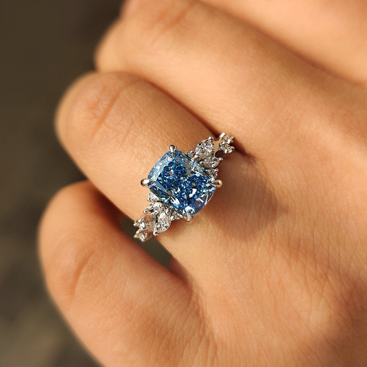 Vivienne Rose - Blue Cushion Cut Diamond Ring in Cluster Setting