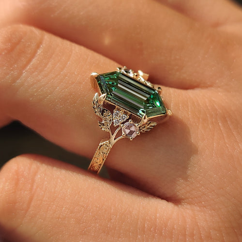 Aurelia Marie - Green Hexagon Step Cut Diamond Cluster Ring in Nature Inspired Style