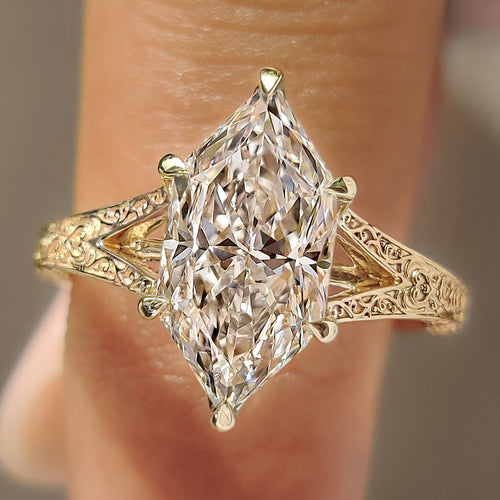 Celestine Faye - Dutch Marquise Solitaire Ring with Vintage Inspired Filigree Split Shank
