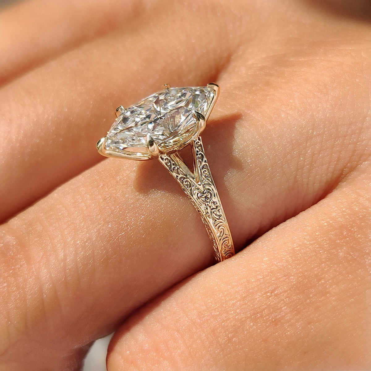 Celestine Faye - Dutch Marquise Solitaire Ring with Vintage Inspired Filigree Split Shank