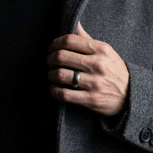 Echelon - Hammered 6mm Tungsten Wedding Ring Black and Silver Brushed with Gold Accent - view 5 - Nura Lab