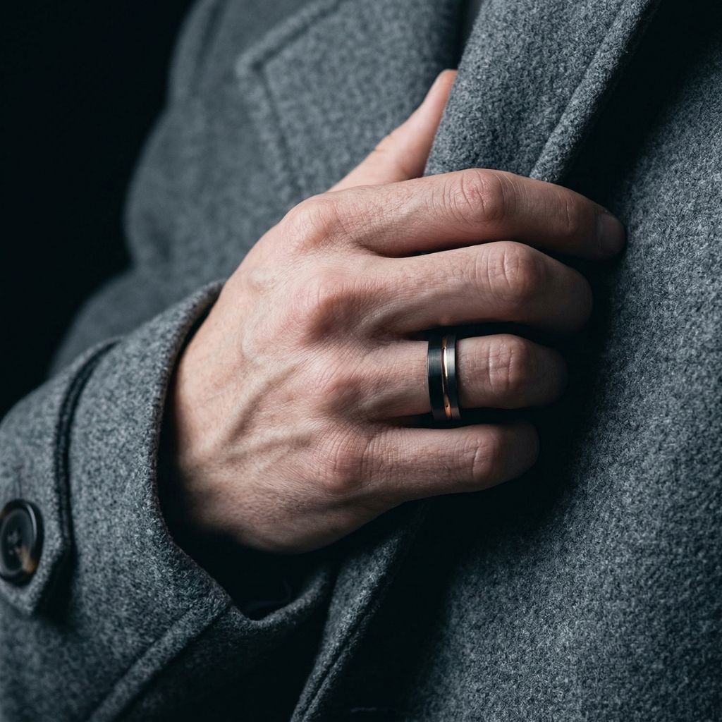 Stonehaven II - Tungsten 6mm Wedding Ring Black and Silver Brushed with Rose Gold Accent - view 7 - Nura Lab