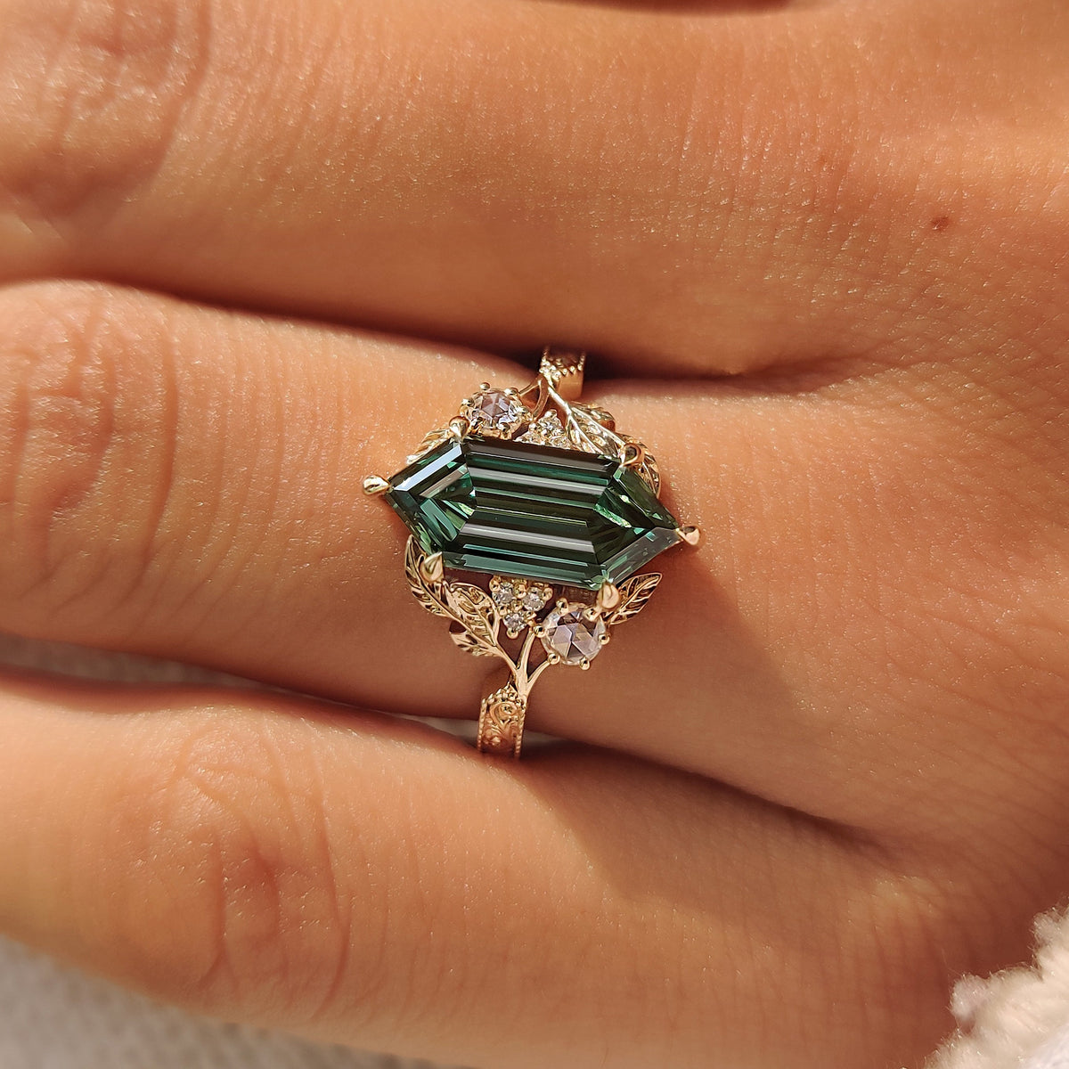 Aurelia Marie - Green Hexagon Step Cut Diamond Cluster Ring in Nature Inspired Style