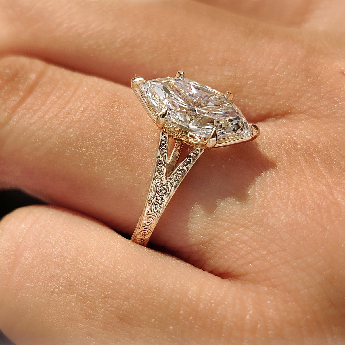 Celestine Faye - Dutch Marquise Solitaire Ring with Vintage Inspired Filigree Split Shank