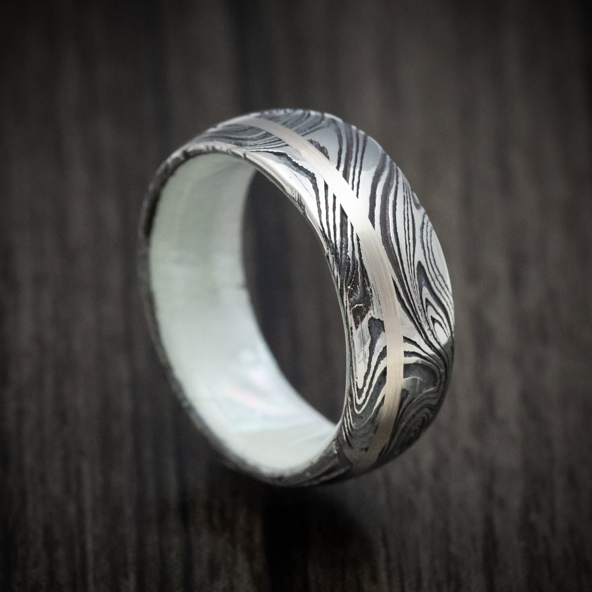 Storm XI - Marble Damascus Steel Men's Wedding Ring with White Mother of Pearl Sleeve and Gold Inlay Band - Nura Lab