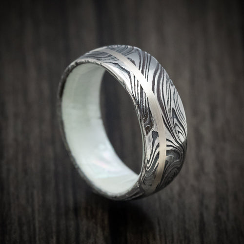 Storm XI - Marble Damascus Steel Men's Wedding Ring with White Mother of Pearl Sleeve and Gold Inlay Band - Nura Lab