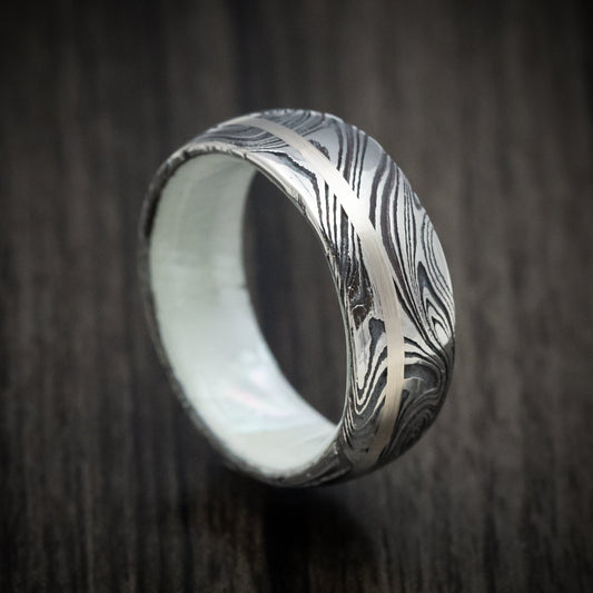 Storm XI - Marble Damascus Steel Men's Wedding Ring with White Mother of Pearl Sleeve and Gold Inlay Band - Nura Lab