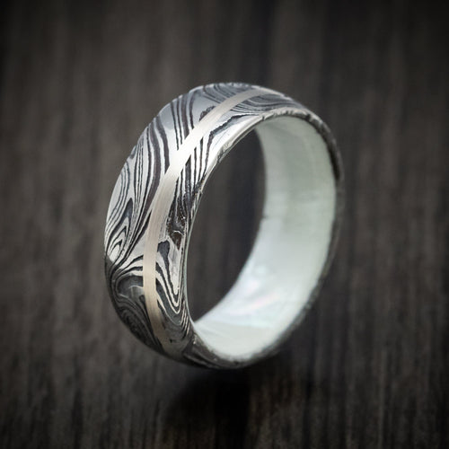 Storm XI - Marble Damascus Steel Men's Wedding Ring with White Mother of Pearl Sleeve and Gold Inlay Band - view 4 - Nura Lab