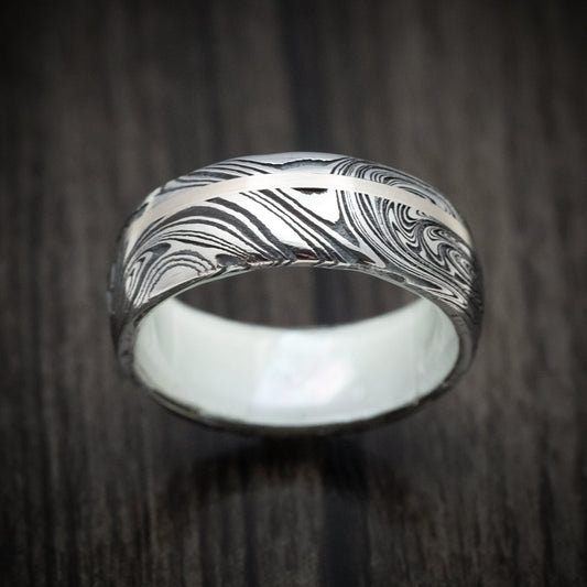 Storm XI - Marble Damascus Steel Men's Wedding Ring with White Mother of Pearl Sleeve and Gold Inlay Band - view 2 - Nura Lab