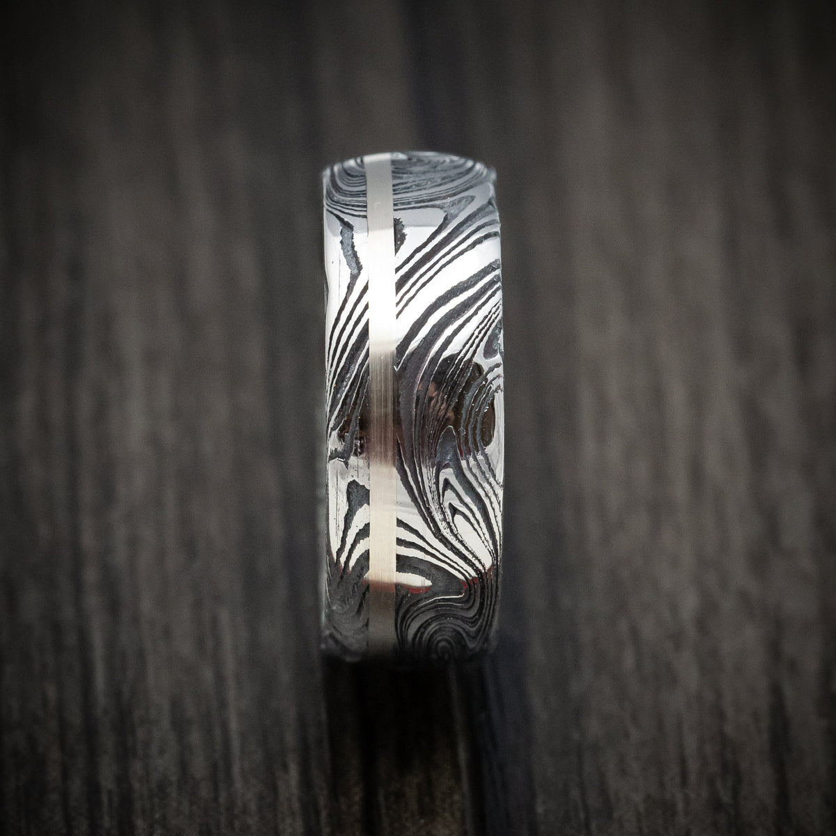 Storm XI - Marble Damascus Steel Men's Wedding Ring with White Mother of Pearl Sleeve and Gold Inlay Band - view 3 - Nura Lab