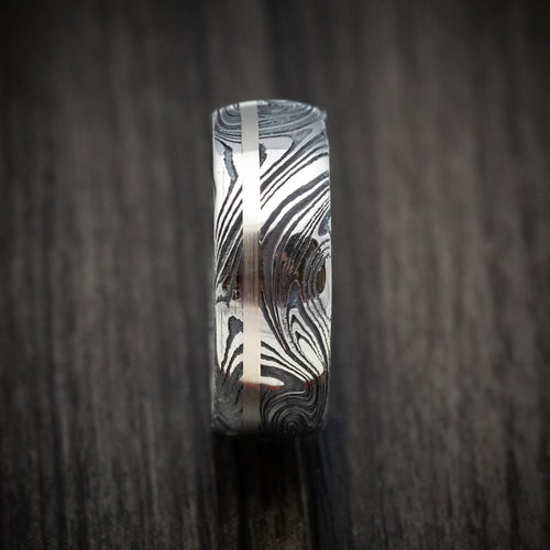 Storm XI - Marble Damascus Steel Men's Wedding Ring with White Mother of Pearl Sleeve and Gold Inlay Band - view 3 - Nura Lab