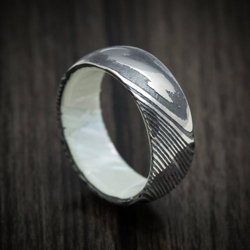 Wolf XI - Woodgrain Kuro Damascus Steel Men's Wedding Ring with White Mother of Pearl Sleeve Band - Nura Lab