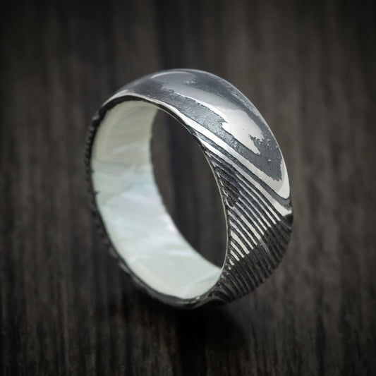 Wolf XI - Woodgrain Kuro Damascus Steel Men's Wedding Ring with White Mother of Pearl Sleeve Band - Nura Lab