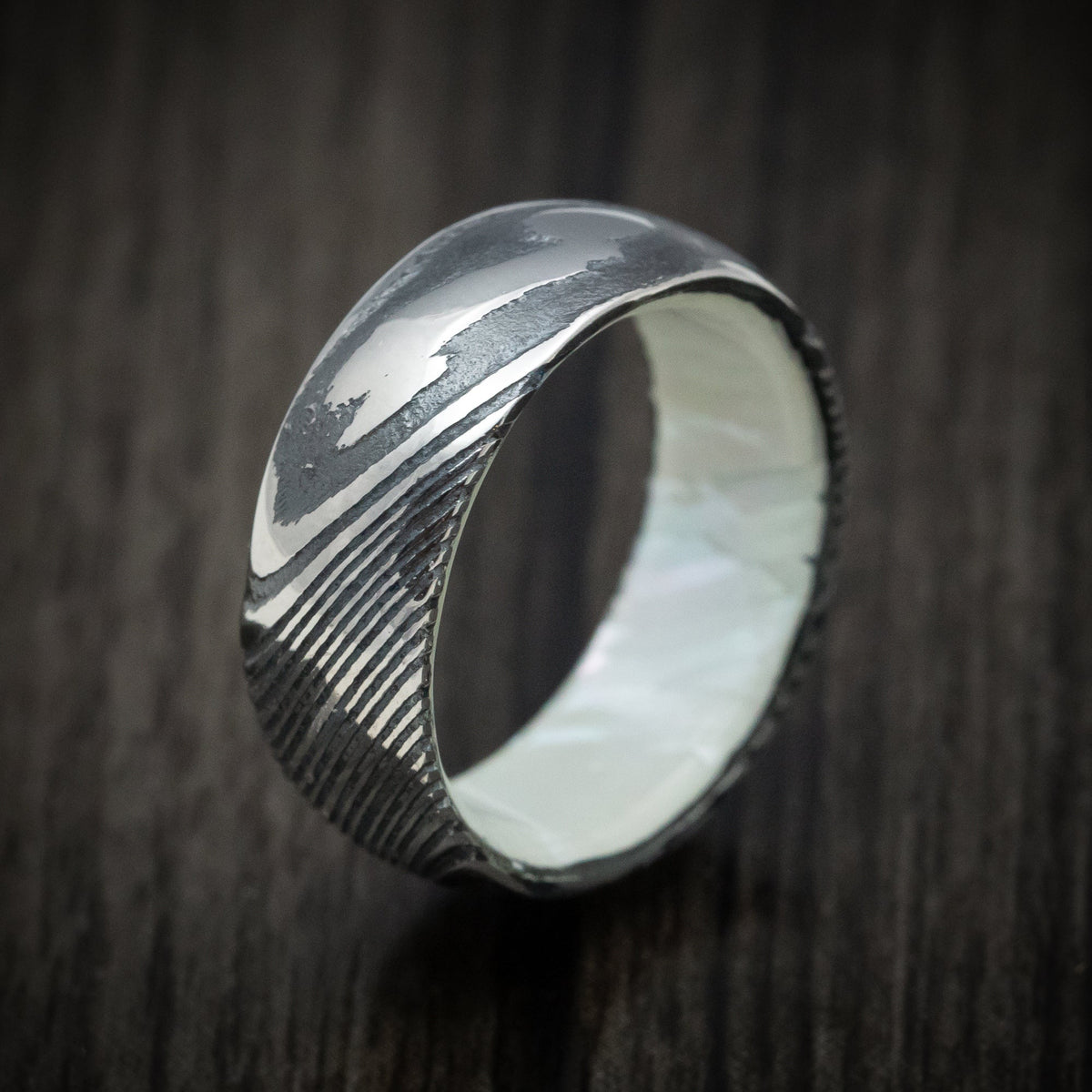 Wolf XI - Woodgrain Kuro Damascus Steel Men's Wedding Ring with White Mother of Pearl Sleeve Band - view 4 - Nura Lab
