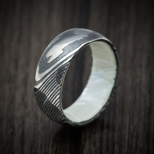 Wolf XI - Woodgrain Kuro Damascus Steel Men's Wedding Ring with White Mother of Pearl Sleeve Band - view 4 - Nura Lab