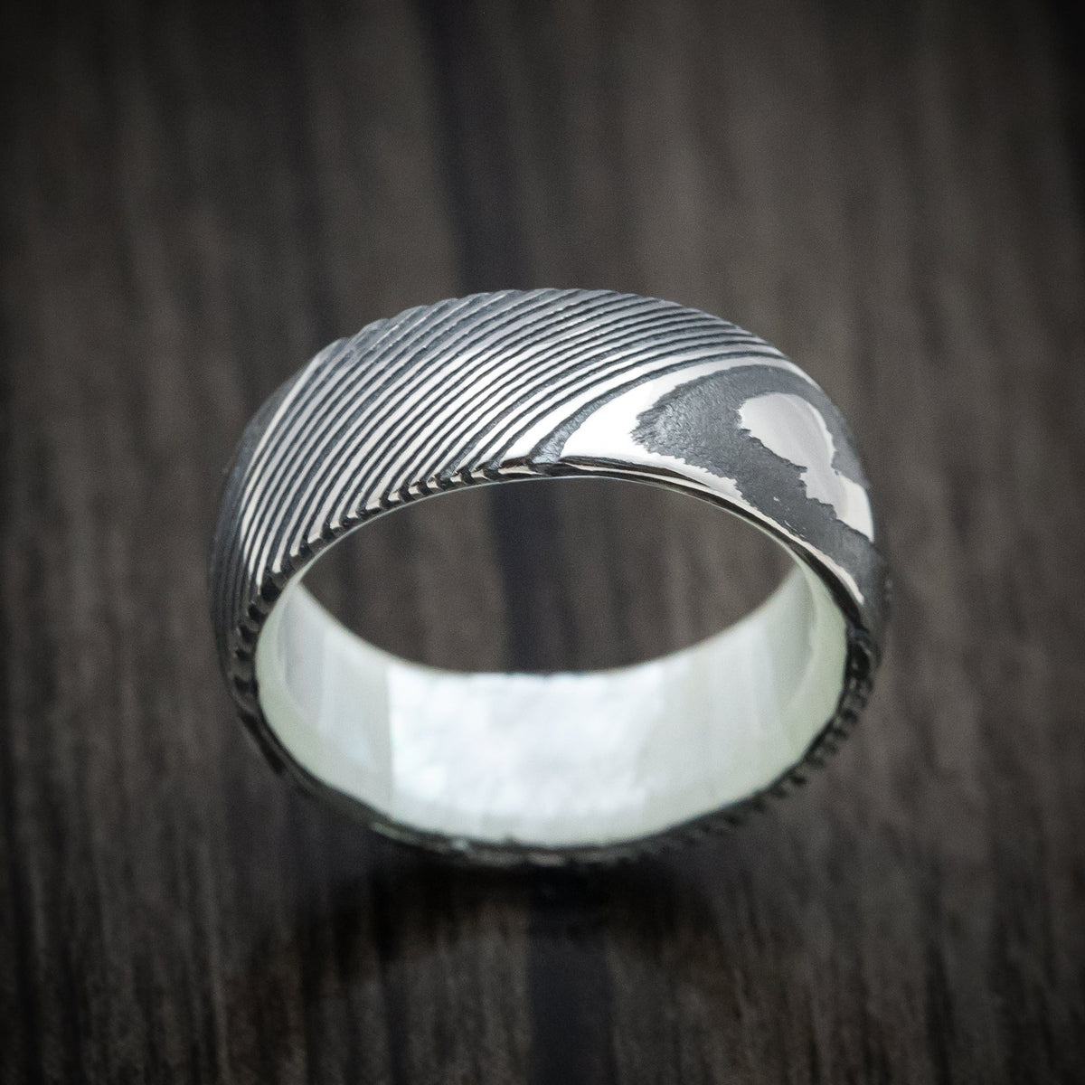 Wolf XI - Woodgrain Kuro Damascus Steel Men's Wedding Ring with White Mother of Pearl Sleeve Band - view 2 - Nura Lab