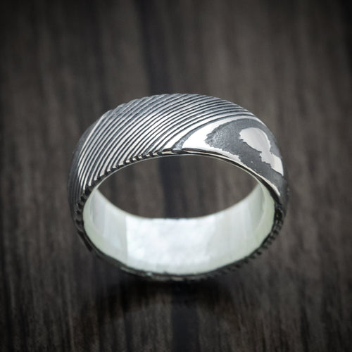 Wolf XI - Woodgrain Kuro Damascus Steel Men's Wedding Ring with White Mother of Pearl Sleeve Band - view 2 - Nura Lab