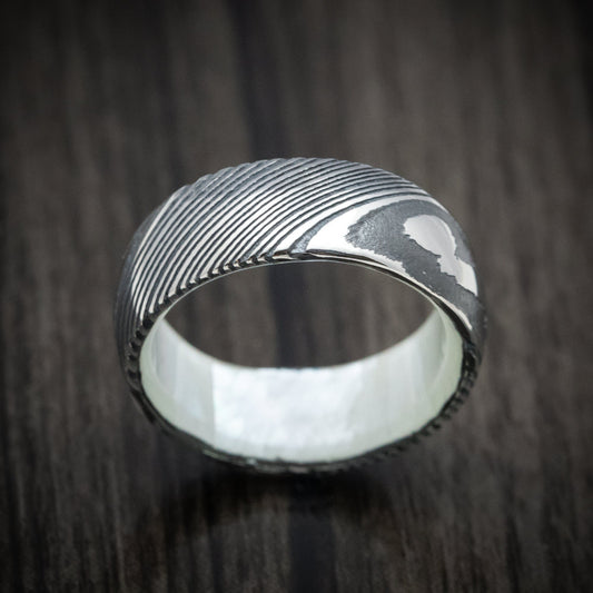 Wolf XI - Woodgrain Kuro Damascus Steel Men's Wedding Ring with White Mother of Pearl Sleeve Band - view 2 - Nura Lab