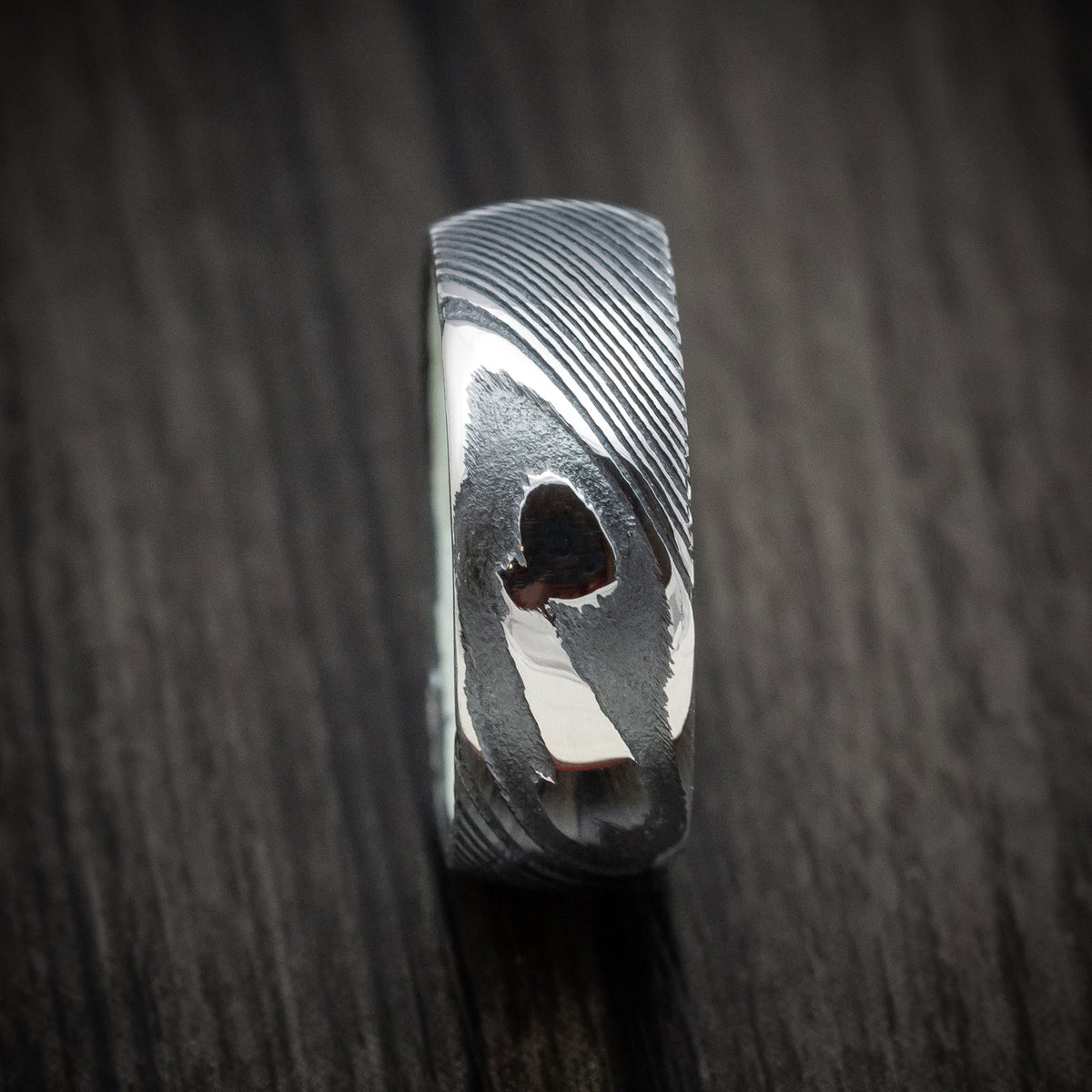 Wolf XI - Woodgrain Kuro Damascus Steel Men's Wedding Ring with White Mother of Pearl Sleeve Band - view 3 - Nura Lab