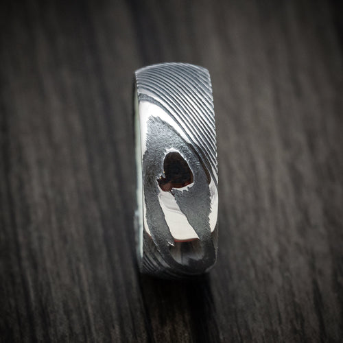 Wolf XI - Woodgrain Kuro Damascus Steel Men's Wedding Ring with White Mother of Pearl Sleeve Band - view 3 - Nura Lab