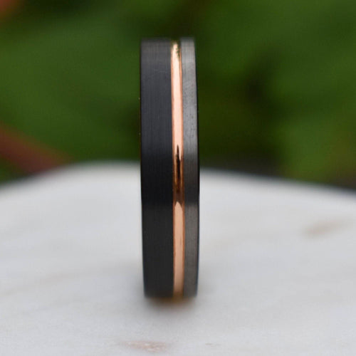 Stonehaven II - Tungsten 6mm Wedding Ring Black and Silver Brushed with Rose Gold Accent - view 3 - Nura Lab