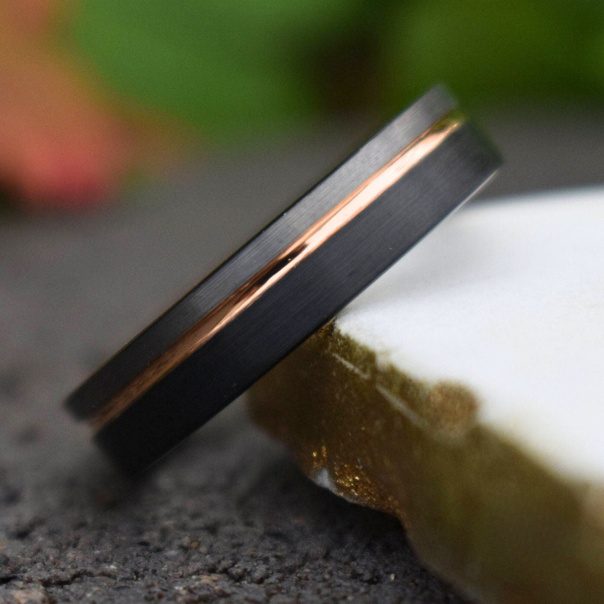 Stonehaven II - Tungsten 6mm Wedding Ring Black and Silver Brushed with Rose Gold Accent - view 2 - Nura Lab