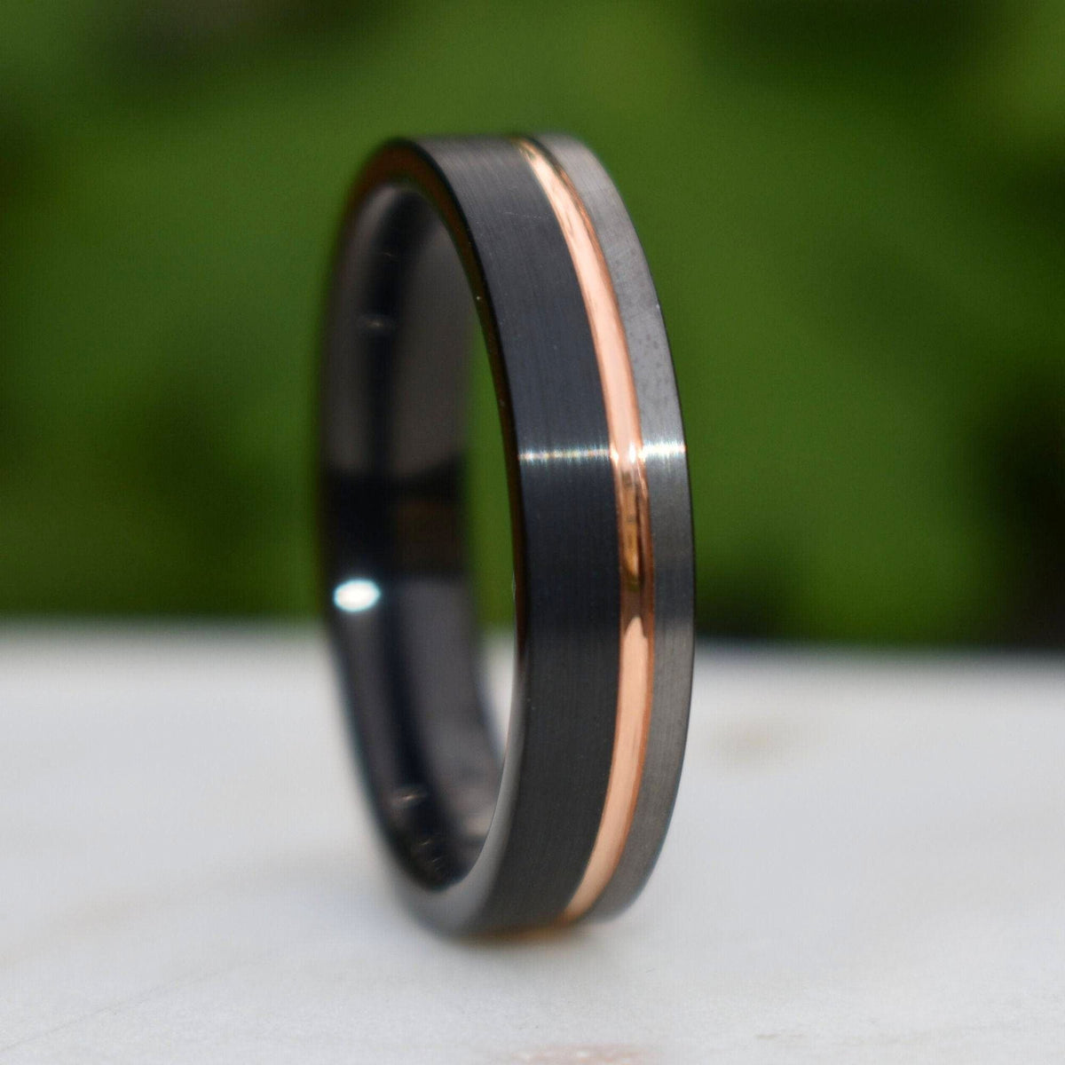 Stonehaven II - Tungsten 6mm Wedding Ring Black and Silver Brushed with Rose Gold Accent - view 4 - Nura Lab