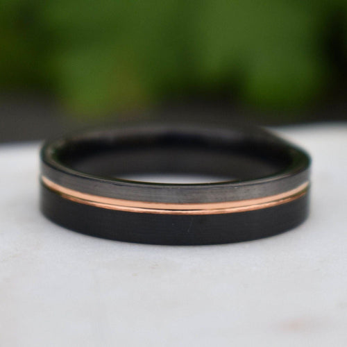 Stonehaven II - Tungsten 6mm Wedding Ring Black and Silver Brushed with Rose Gold Accent - view 5 - Nura Lab