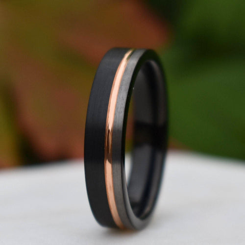 Stonehaven II - Tungsten 6mm Wedding Ring Black and Silver Brushed with Rose Gold Accent - view 6 - Nura Lab